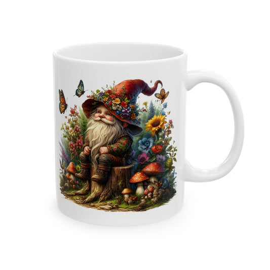 Gnome Coffee Mug - Whimsical Floral Art, Cottagecore, 11oz and 15 oz sizes - Unique Gift for Fantasy Lovers