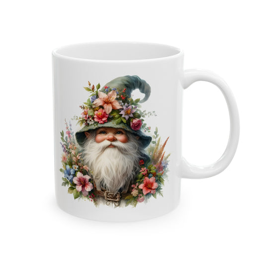 Gnome Coffee Mug - Whimsical Floral Art, Cottagecore, 11oz and 15 oz sizes - Unique Gift for Fantasy Lovers